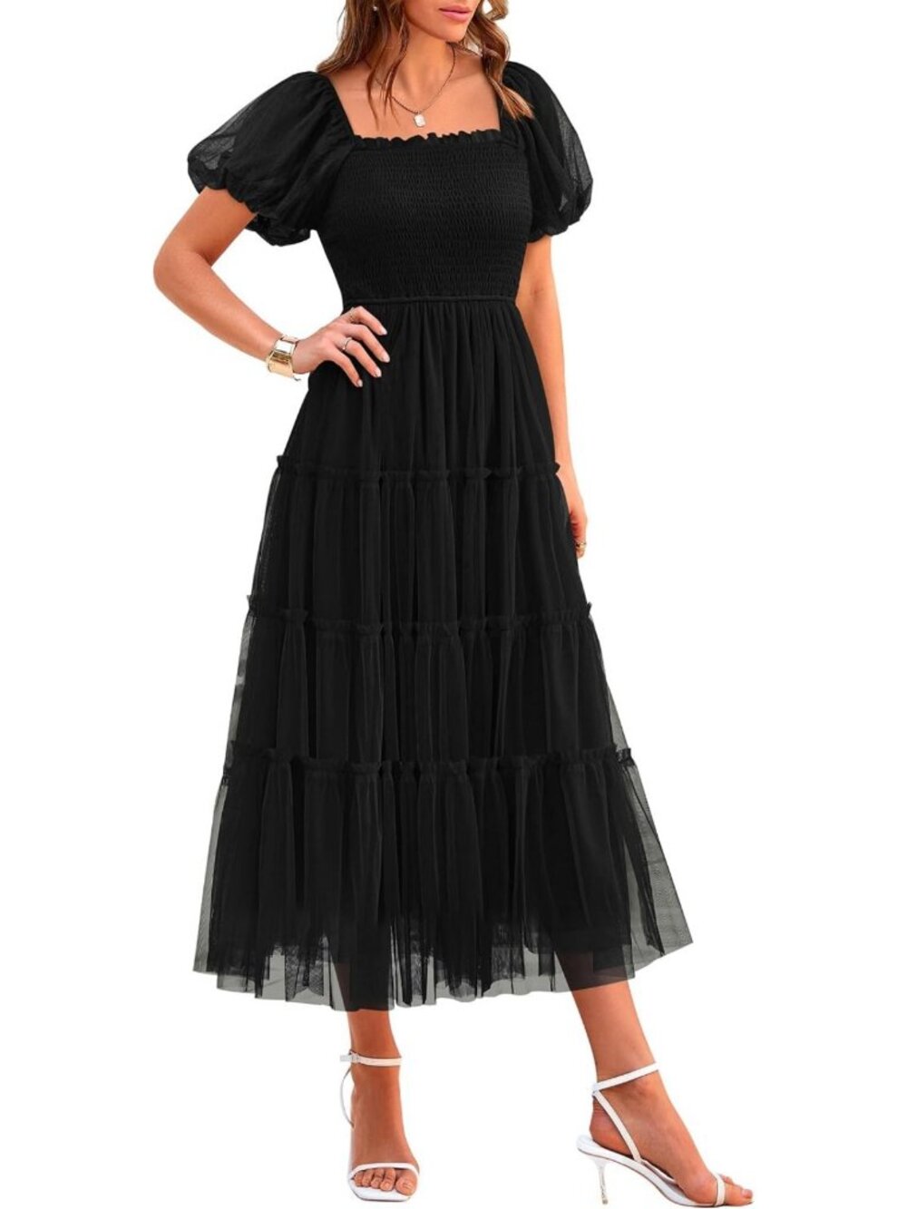 Summer Smocked Midi Tulle Dress for Women - Elegant, Lightweight, Perfect for